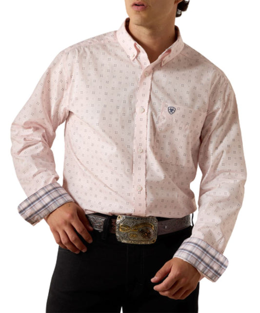 Men's Pink Geometric Print Long Sleeve Button Down Shirt Featuring Contrast Interior Trim