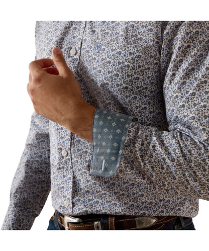 Close-Up View Of The Floral Vine Pattern, Single Open Chest Pocket With A Hidden Pen Slot, And Contrast Interior Trim