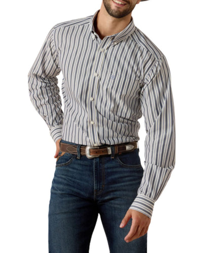Men's Blue Long Sleeve Button Down Shirt With Vertical Stripes In A Slim/Fitted Fit With A Wrinkle-Free Finish