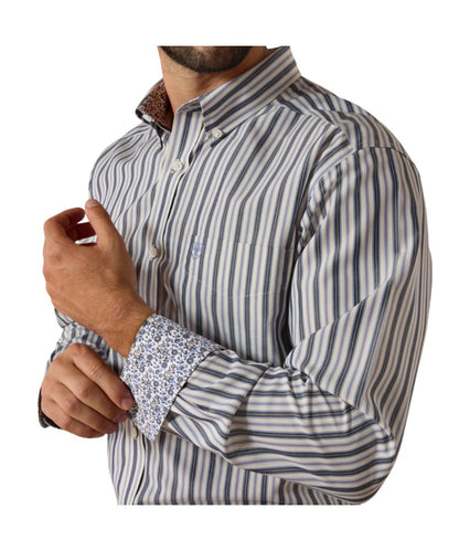 Men's Long Sleeve Button Down Shirt Featuring Blue Stripes, Contrast Interior Trim, And A Single Open Chest Pocket Wtih A Hidden Pen Slot