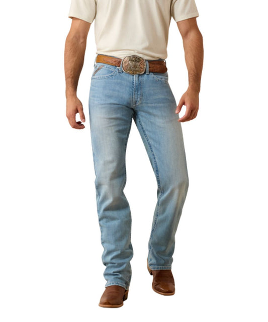 Front view of the men's m5 straight jean featuring a mid-rise, extra deep front pockets, and a no-rub comfort inseam