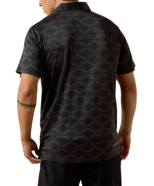Back Side Of The Men's Charcoal Heather Polo Shirt Featuring UPF Protection, Moisture Wicking Technology, Odor Control, And ClimateTEK Technology To Keep You Cool