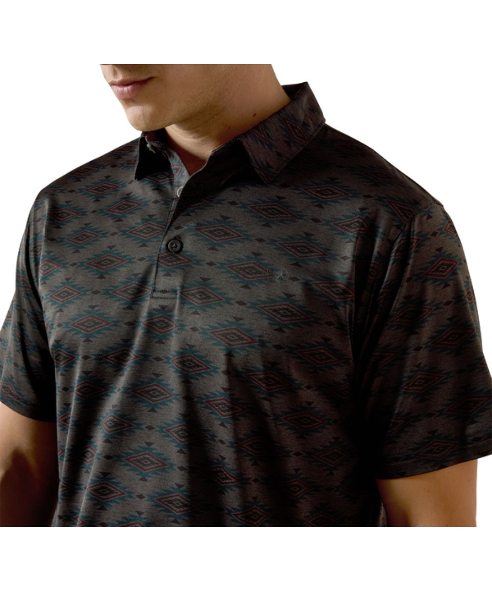Close-Up View Of The Heathered Southwestern Print And 3-Button Polo Placket