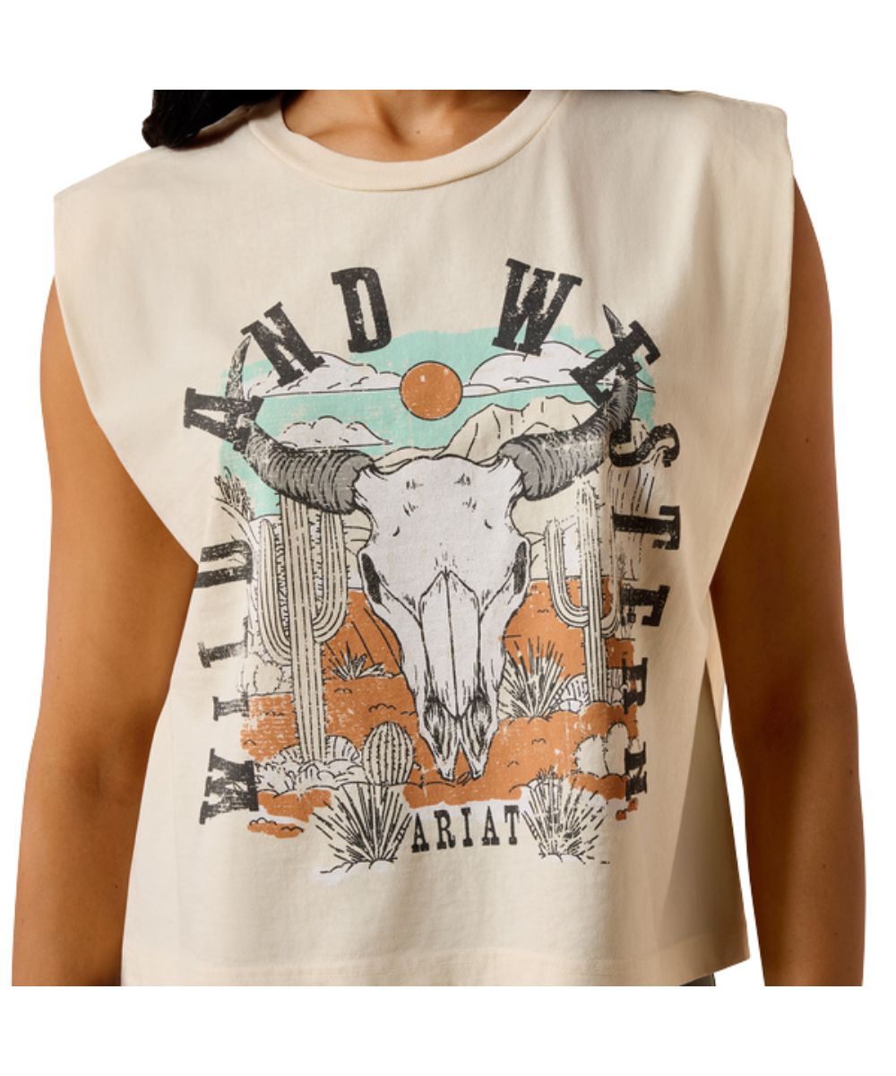 Women's Boxy Fit Muscle Tank With A Front Screen Printed Steer Skull Desert Graphic That Reads: "Wild And Western"