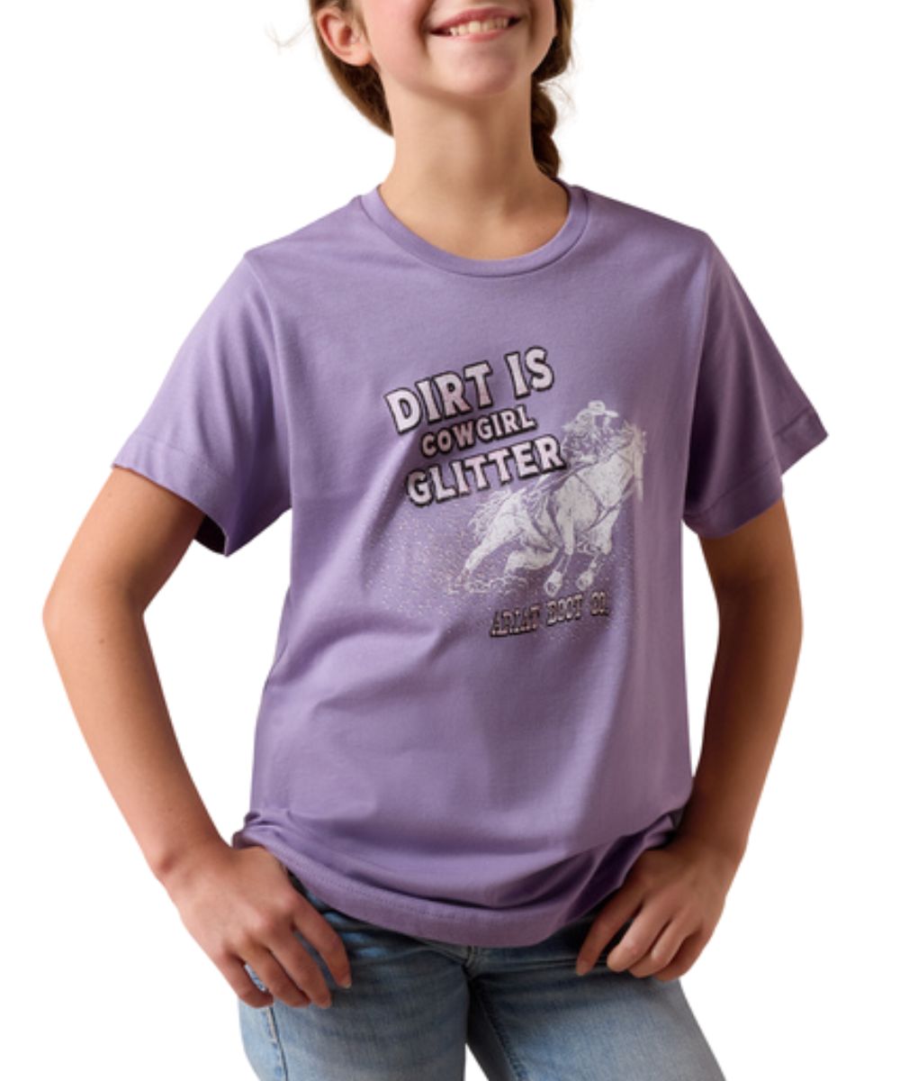 Girl's Lavender Graphic Tee Reads: "Dirt Is Cowgirl Glitter"