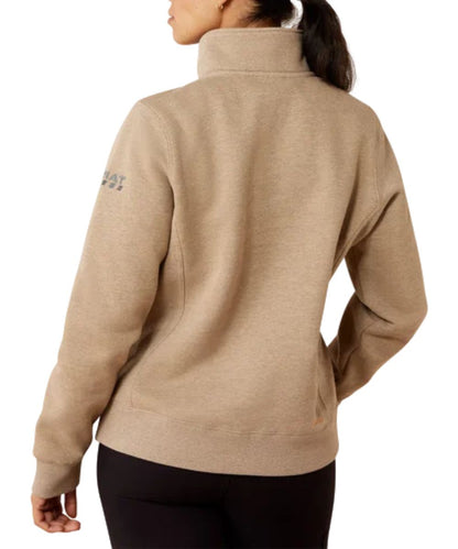 Back view of the women's oatmeal heather rebar sweatshirt featuring the funnel neck