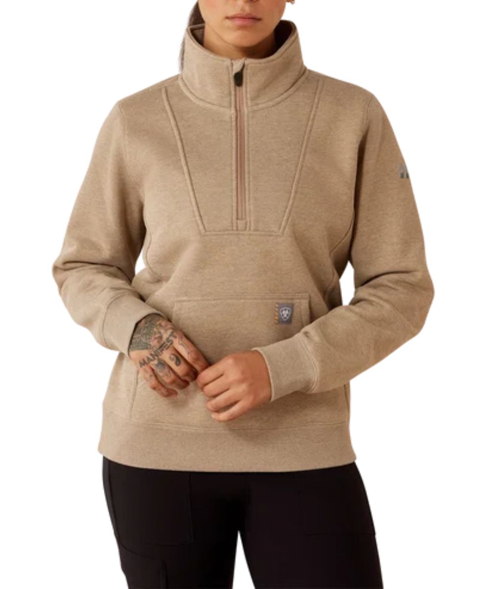 Front view of the women's Ariat Rebar Traverse Funnel Neck Sweatshirt featuring the 1/2 zip closure