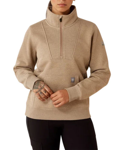 Front view of the women's Ariat Rebar Traverse Funnel Neck Sweatshirt featuring the 1/2 zip closure