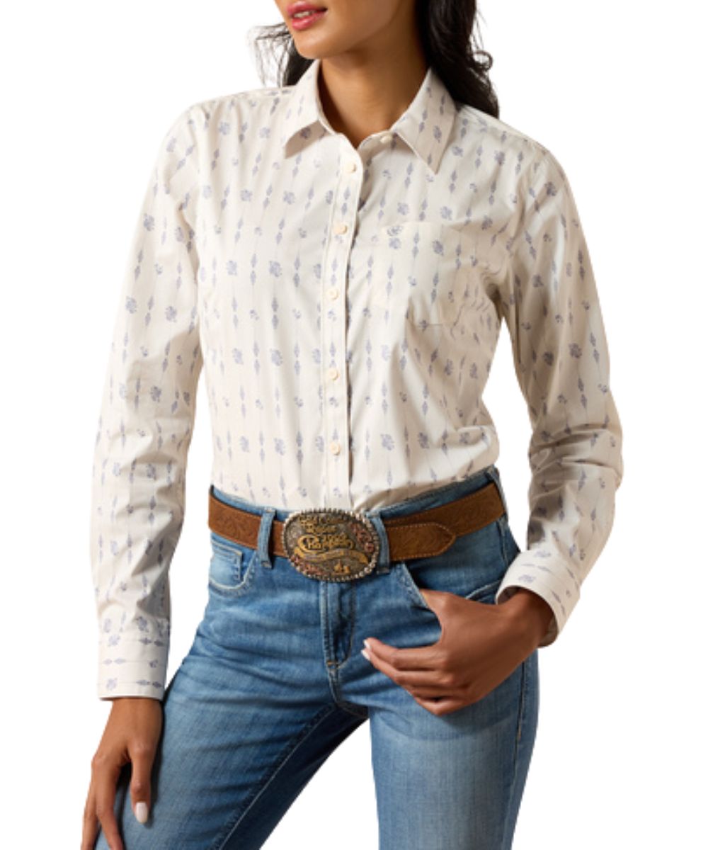 Women's White Long Sleeve Button Down Shirt Featuring A Sea Salt Dewdrop Print