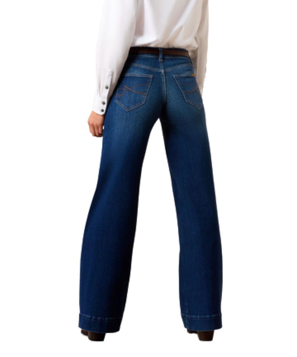 Back view of the women's high rise revel vilma ultrastretch wide leg jean featuring the trouser hem and dark wash
