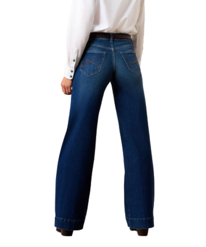 Back view of the women's high rise revel vilma ultrastretch wide leg jean featuring the trouser hem and dark wash
