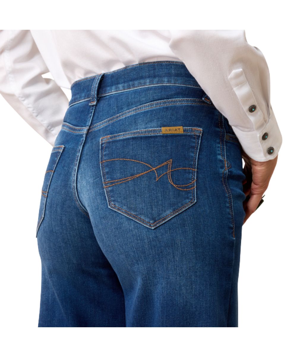 Close-up view of the contrast stitched back pocket