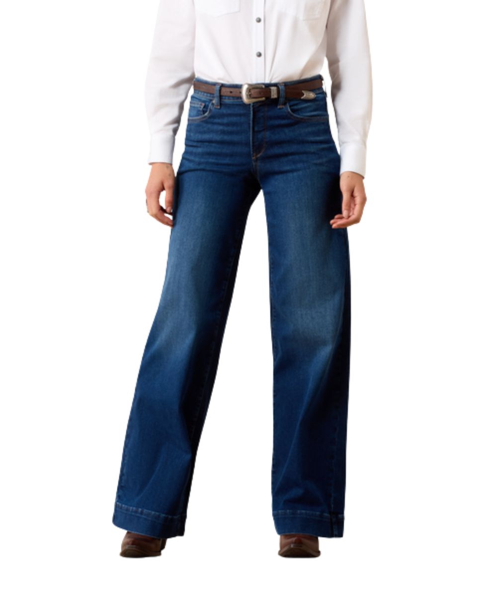 Front view of the women's dark wash wide leg jean featuring the high rise, trouser hem, and ultrastretch