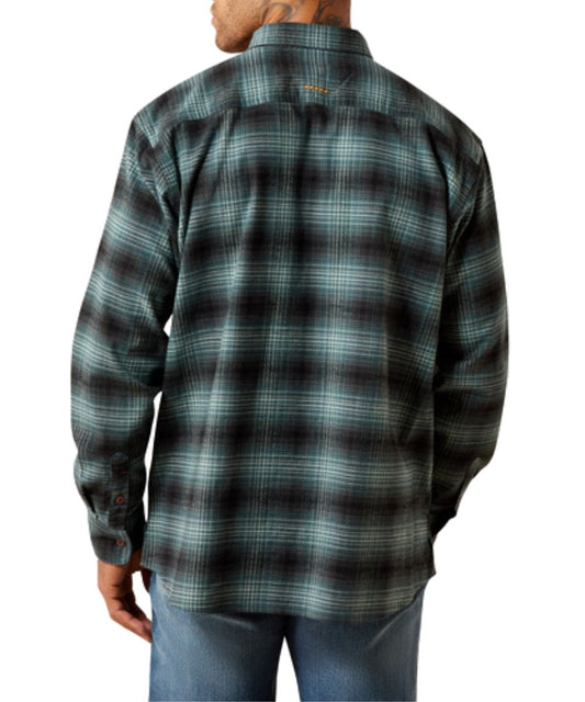 Back view of the men's long sleeve button down flannel work shirt featuring the north atlantic black plaid print, straight back yoke with rebar logo embroidery, and generous fit with extra long hem