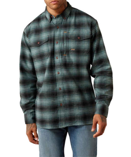 Front view of the men's Ariat Rebar Flannel DuraStretch Work Shirt featuring the north atlantic black flannel plaid print and button closure
