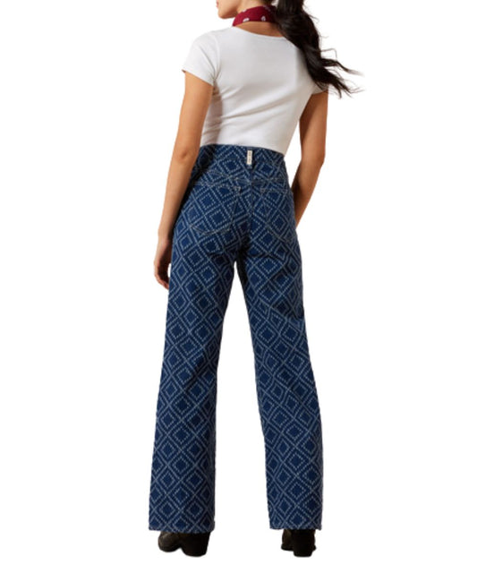 Back view of the women's needle punch wide leg blue jean