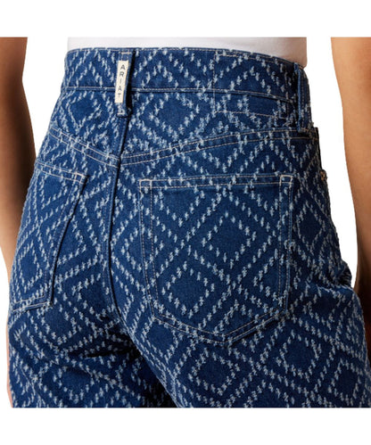 Close-up view of the back pockets featuring the high rise and textured needle-punch design