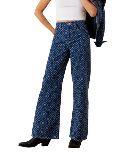 Front view of the women's high rise jazmine needle punch wide leg jean
