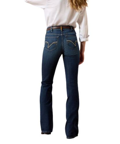 Back view of the women's slim fit mazie boot cut jean featuring the high rise and dark wash