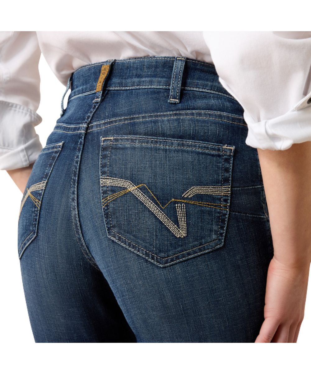 Close-up view of the contrast stitched back pockets