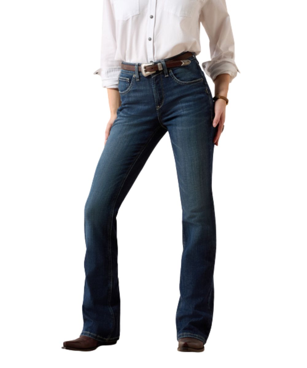 Front view of the women's dark wash plumas high rise mazie boot cut jean