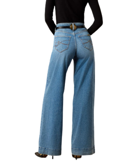 Back view of the women's wide leg jean in a light wash featuring the high rise, trouser hem, and ultra stretch
