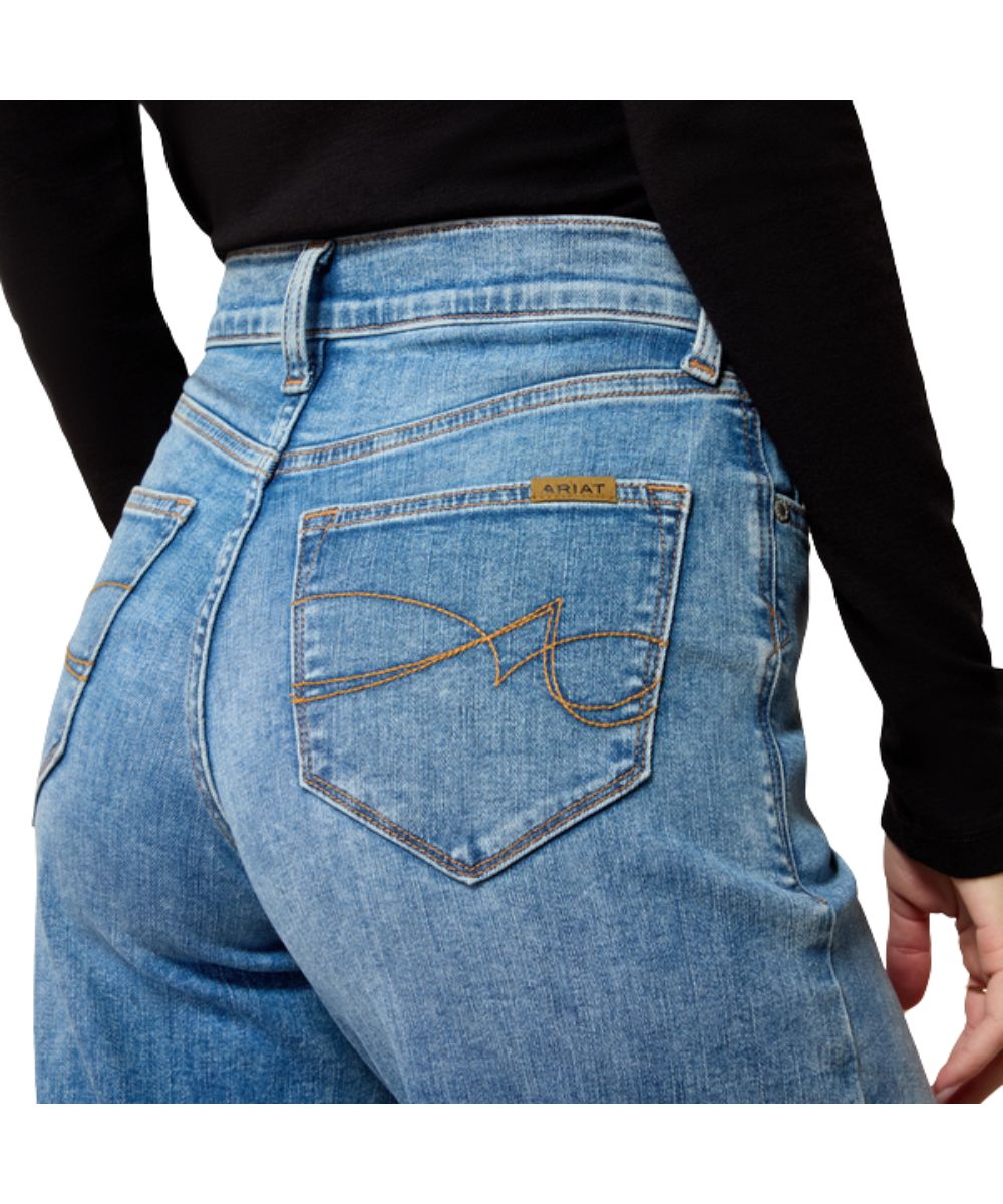 Close-up view of the contrast stitched back pockets