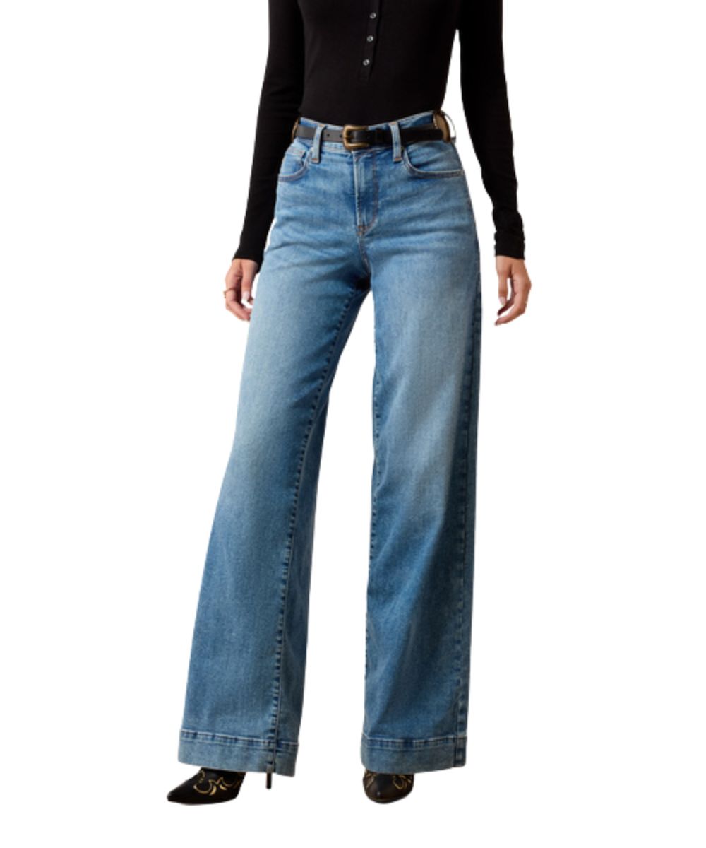 Front view of the women's light wash high rise revel vilma ultra stretch wide leg jean