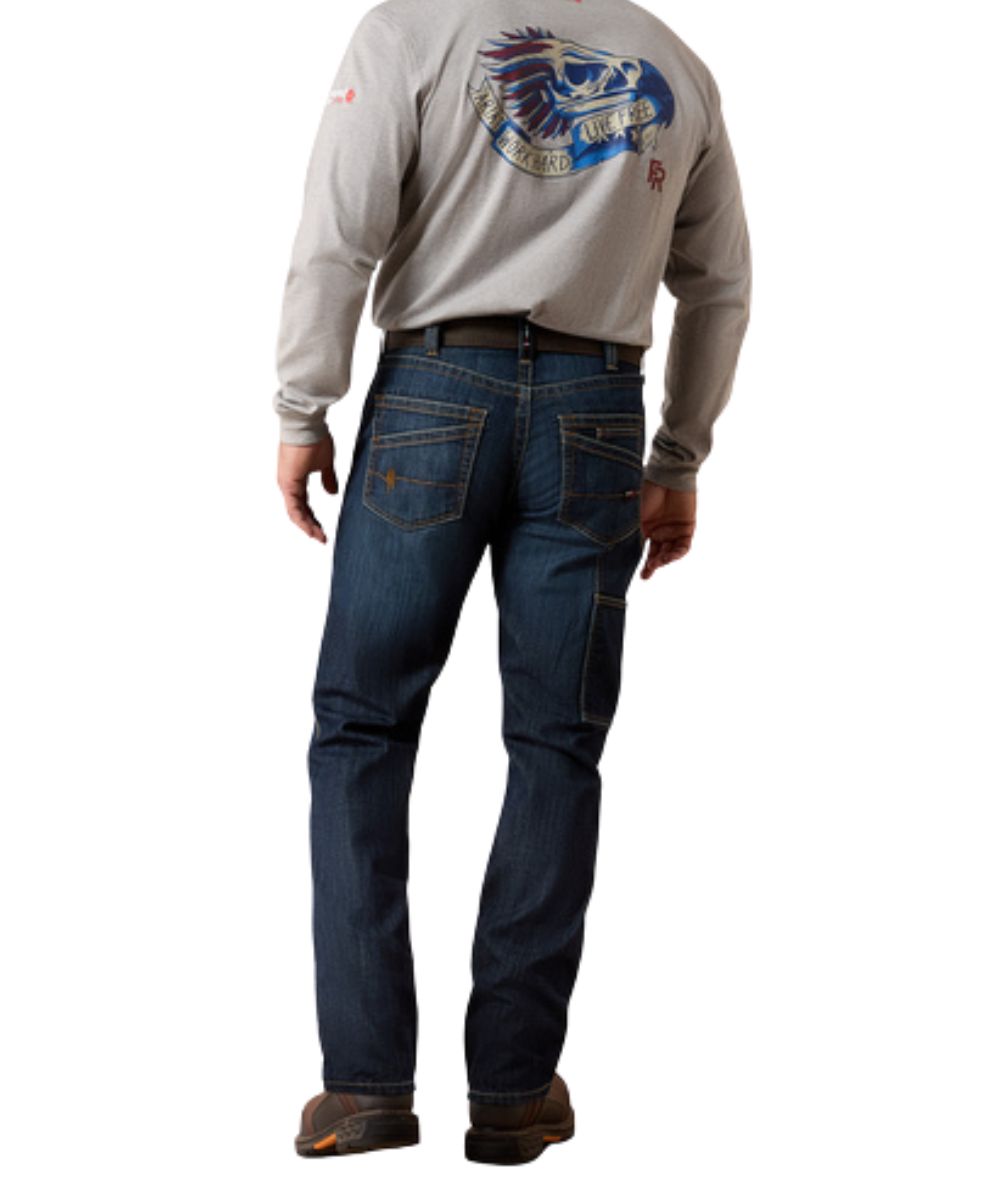 Back view of the men's Ariat M5 workhorse jean featuring the dark wash, reinforced belt loops and pockets, utility pockets, and flame resistance