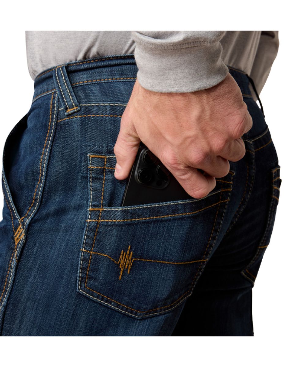 Close-up view of the back pockets on the men's dark wash lassen flame resistant M5 workhorse jean