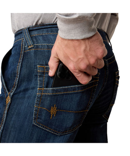 Close-up view of the back pockets on the men's dark wash lassen flame resistant M5 workhorse jean