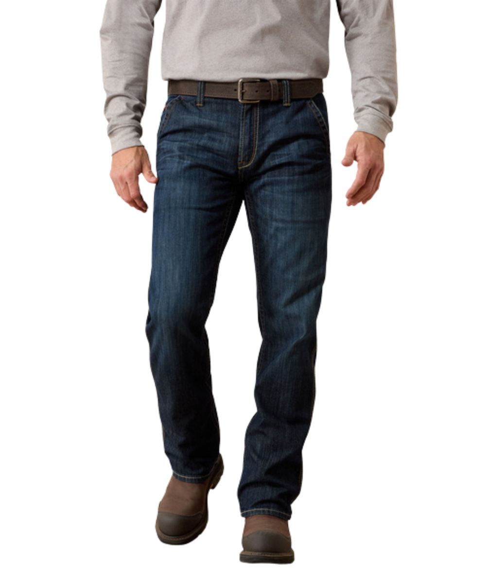 Front view of the men's Ariat m5 durastretch work jean featuring the dark wash, utility pockets, straight fit, and mid rise