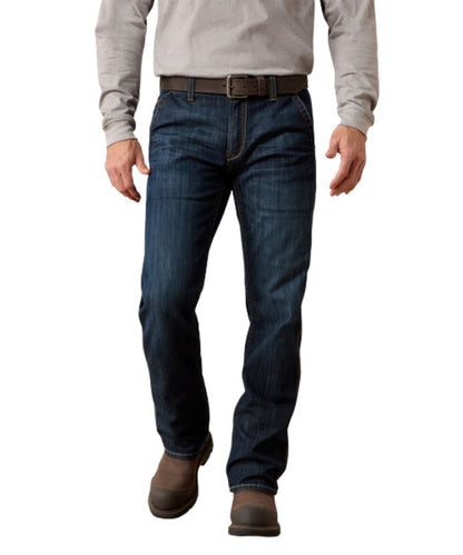 Front view of the men's Ariat m5 durastretch work jean featuring the dark wash, utility pockets, straight fit, and mid rise