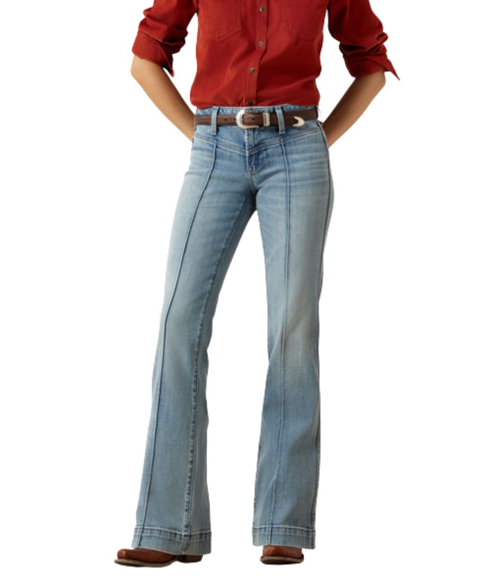 Front view of the women's perfect rise laney slim monterey trouser jean featuring the light wash and western detailing