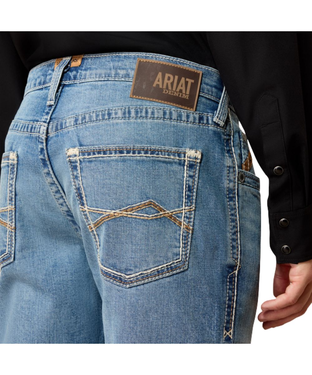 Close-up view of the back pocket featuring the contrast stitched pockets and the loop lock reinforced back belt loop for extra durability