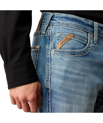 Close-up view of the front pocket featuring the mid rise, heavy duty zipper and hardware, and extra deep front pockets