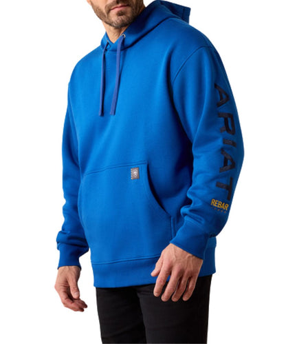 Front view of the men's Ariat Rebar True Blue Workman Hoodie featuring the logo embroidery at the left sleeve