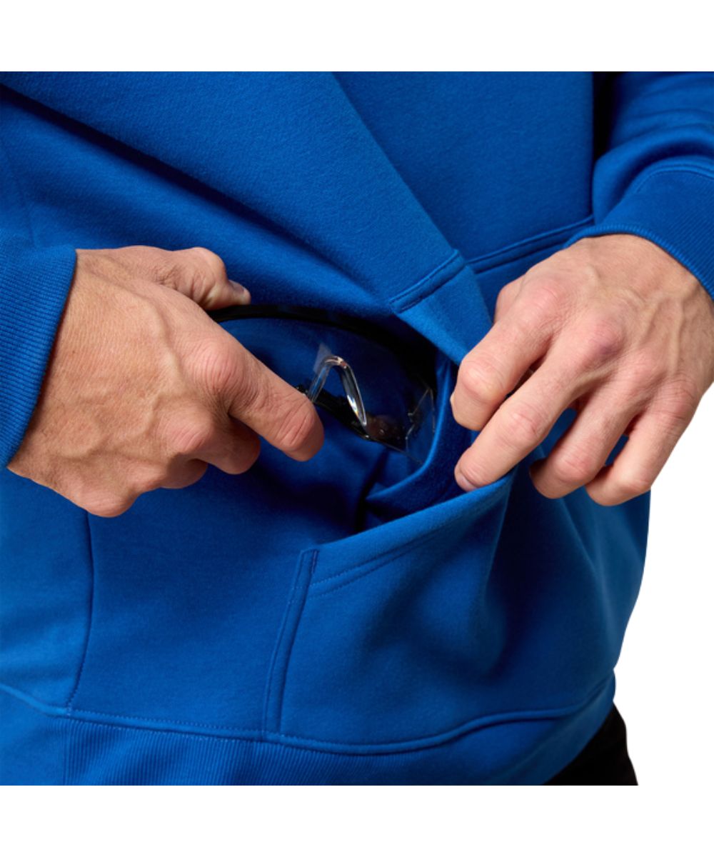 Close-up view of the hidden phone/essentials pocket in the kangaroo pocket on the men's Ariat Rebar Hoodie