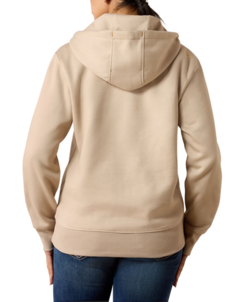 Back view of the women's tan long sleeve hooded sweatshirt featuring the ribbed cuffs and hem, and the stain and water repellence