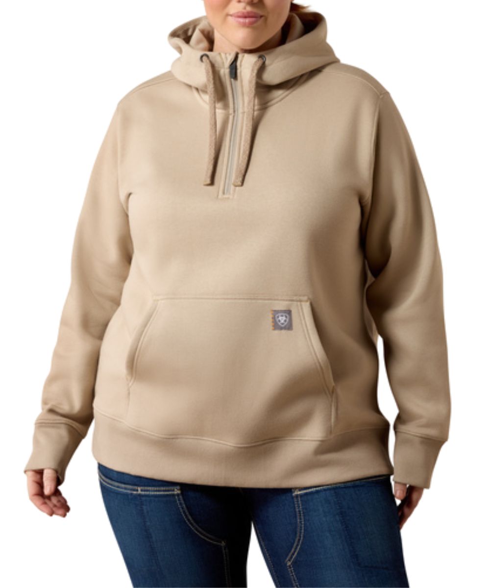 Front view of the women's plus size tan 1/2 zip hoodie