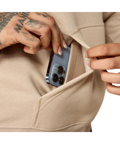 Close-up view of the kangaroo pocket with a hidden media/phone pocket