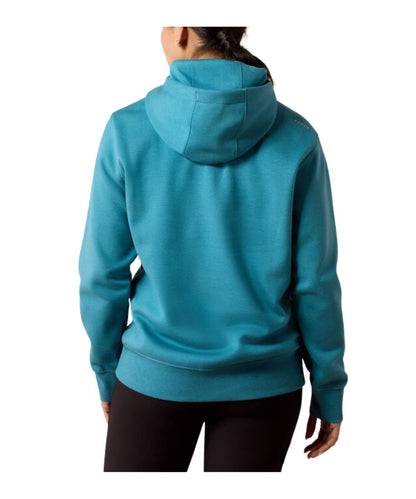 A person shown from the back wearing a teal blue hooded sweatshirt and black leggings against a plain white background.