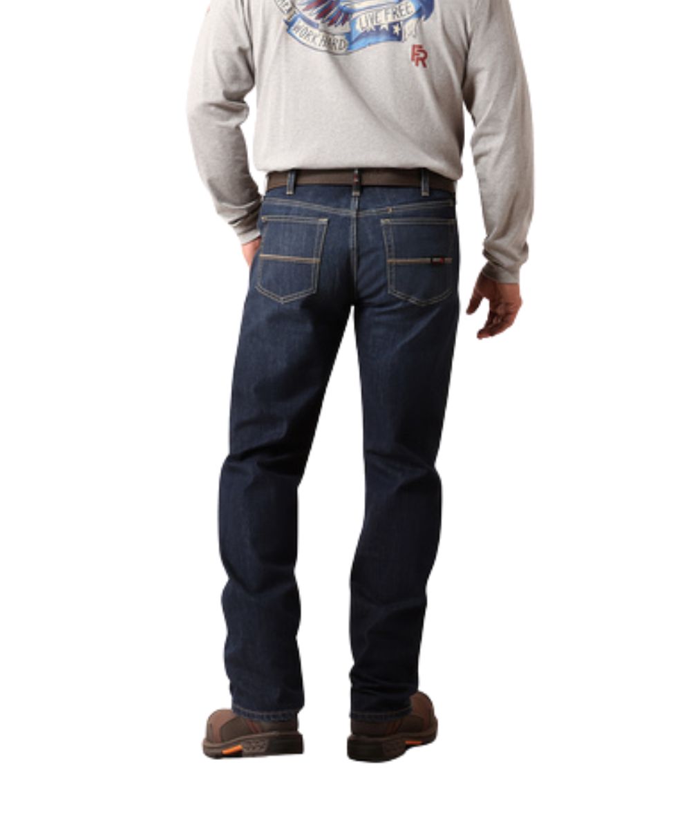 Back view of the men's dark wash woodlake flame resistant boot cut work jean