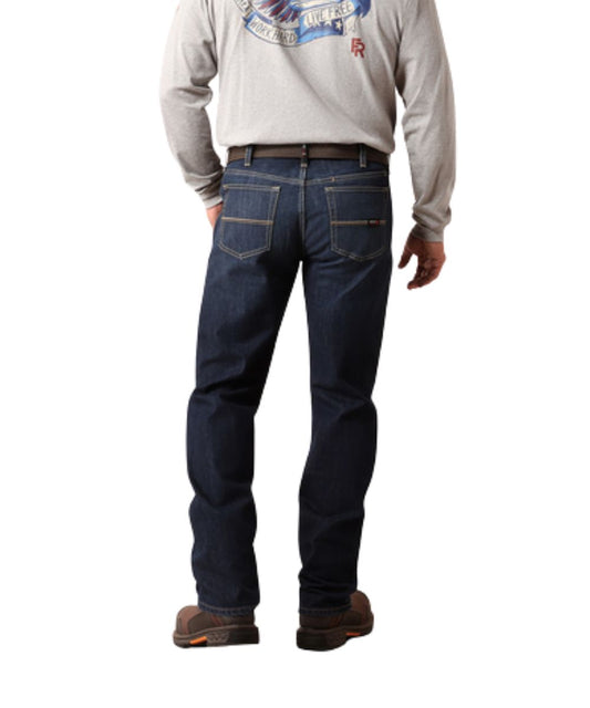Back view of the men's dark wash woodlake flame resistant boot cut work jean
