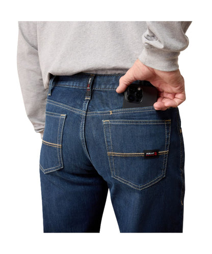 Close-up view of the men's flame resistant boot cut jean featuring the extra phone pocket