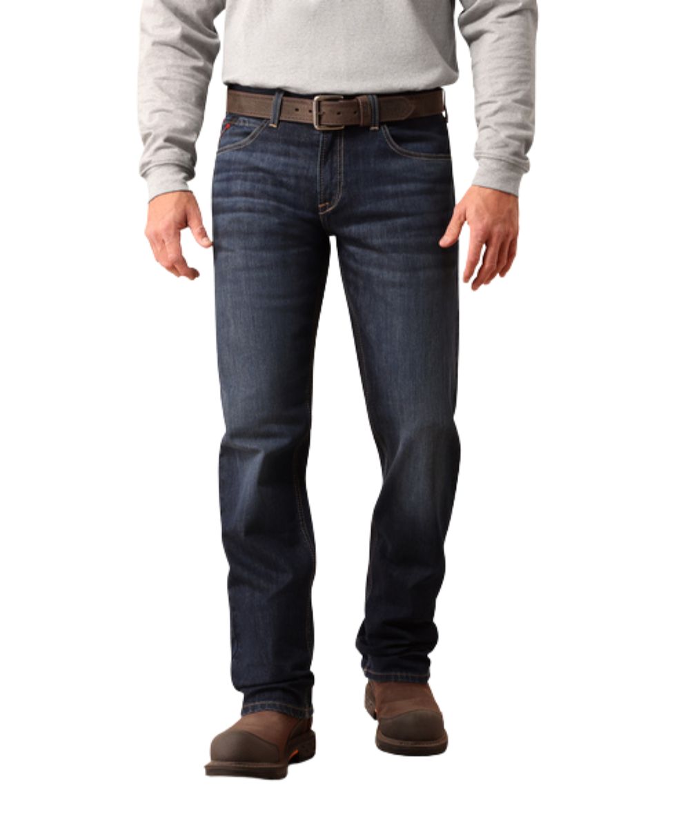 Front view of the men's Ariat FR M2 Traditional Relaxed Woodlake Basic DuraStretch Boot Cut Jean in a dark wash