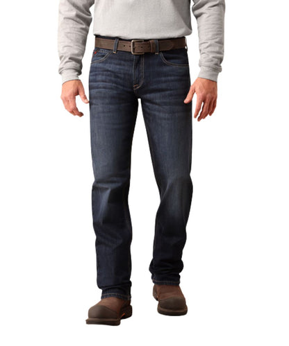Front view of the men's Ariat FR M2 Traditional Relaxed Woodlake Basic DuraStretch Boot Cut Jean in a dark wash