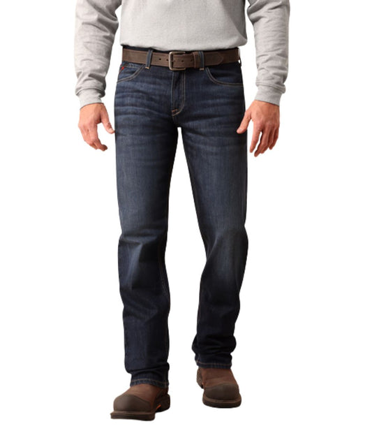 Front view of the men's Ariat FR M2 Traditional Relaxed Woodlake Basic DuraStretch Boot Cut Jean in a dark wash