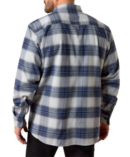 Back view of the men's long sleeve button down flannel work shirt featuring the straight back yoke and logo embroidery