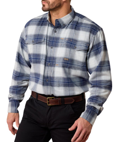 Front view of the men's Ariat Rebar Flannel DuraStretch Work Shirt featuring the weathervane blue plaid print and button closure